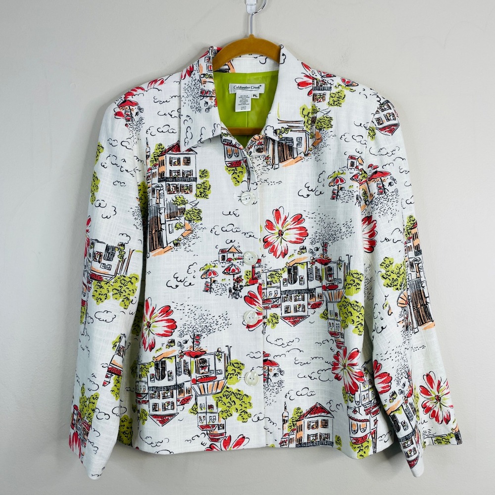 Vintage Coldwater Creek Scenic Blazer Womens PL Linen Blend Travel Colorful Chic